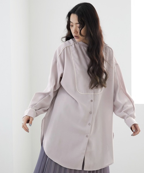EMMA(EMMA CLOTHES)(エマ)の「【EMMA】サテンパイピングデザインサイドスリットブザムシャツ/スタンドカラーシャツ(シャツ/ブラウス・レディース・ホワイト/ネイビー/ラベンダー/ライトベージュ・FREE)」の7枚目の写真