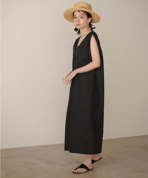 美品◆ブラック　リネンリラックスカフタンワンピース .Mライン 38 美品◇ブラック リネンリラックスカフタンワンピース .Mライン 38