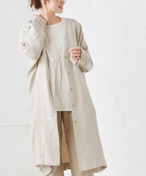 PUAL CE CIN（ピュアルセシン）の「麻レーヨンツイルコート（ノーカラーコート・レディース・ベージュ/グレー/スミクロ・FREE）」の3枚目の写真