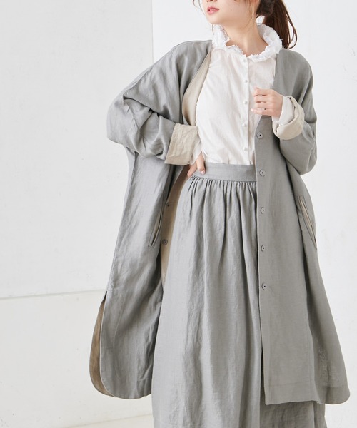 PUAL CE CIN（ピュアルセシン）の「麻レーヨンツイルコート（ノーカラーコート・レディース・ベージュ/グレー/スミクロ・FREE）」の2枚目の写真