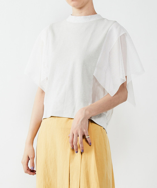 alcali（アルカリ）の「フレアーメッシュ袖トップス（Tシャツ/カットソー・レディース・マジェンタ/ライトグレー/ブラック・FREE）」の3枚目の写真