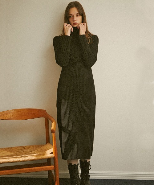 mangata(モンガータ)の「High neck ribknit onepiece(ワンピース・レディース・ホワイト/ブラック/ピンク・FREE)」の2枚目の写真