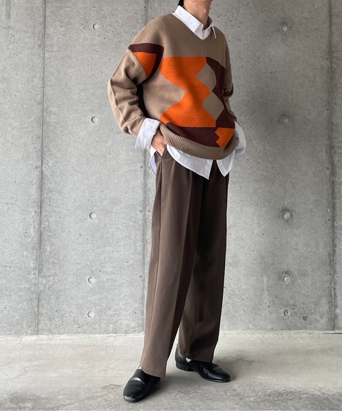 y/m by れぽすけ（イムバイレポスケ）の「マルチパターン柄Vネックニット（ニット/セーター・メンズ・ベージュ/ブラック・MEDIUM/LARGE）」の9枚目の写真