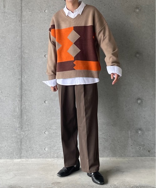 y/m by れぽすけ（イムバイレポスケ）の「マルチパターン柄Vネックニット（ニット/セーター・メンズ・ベージュ/ブラック・MEDIUM/LARGE）」の16枚目の写真