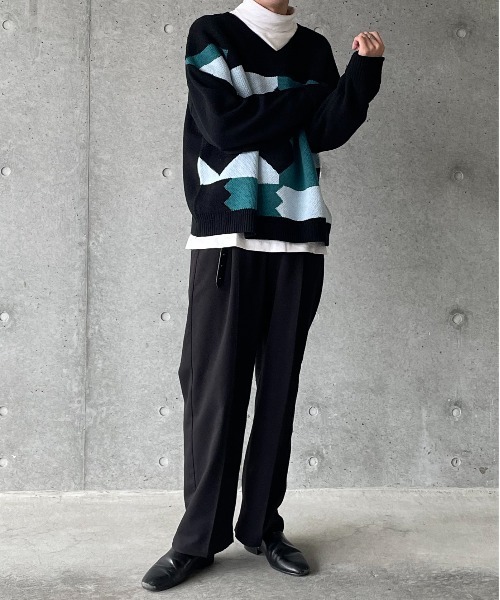 y/m by れぽすけ（イムバイレポスケ）の「マルチパターン柄Vネックニット（ニット/セーター・メンズ・ベージュ/ブラック・MEDIUM/LARGE）」の18枚目の写真