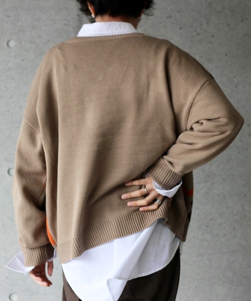 y/m by れぽすけ（イムバイレポスケ）の「マルチパターン柄Vネックニット（ニット/セーター・メンズ・ベージュ/ブラック・MEDIUM/LARGE）」の15枚目の写真