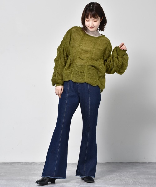 RETRO GIRL（レトロガール）の「シャーリングニット（ニット/セーター・レディース・ブラック/オフホワイト/グリーン・FREE）」の8枚目の写真