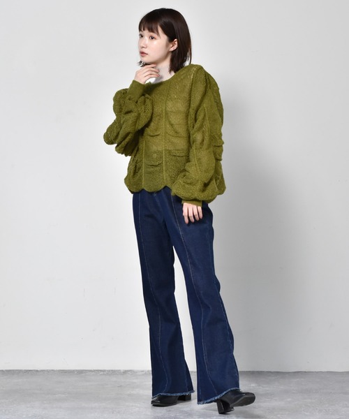 RETRO GIRL（レトロガール）の「シャーリングニット（ニット/セーター・レディース・ブラック/オフホワイト/グリーン・FREE）」の9枚目の写真