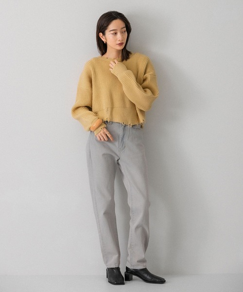 KBF（ケイビーエフ）の「クロップドダメージニット（ニット/セーター・レディース・ベージュ系その他/グリーン/ブラック・ONE）」の8枚目の写真