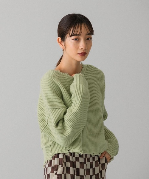 LAGUA GEM ベージュ クロップドニット 長袖 ダメージ加工 LAGUA GEM | FLUFFY HOOD ニット (ニット ) |SHEL'TTER WEBSTORE