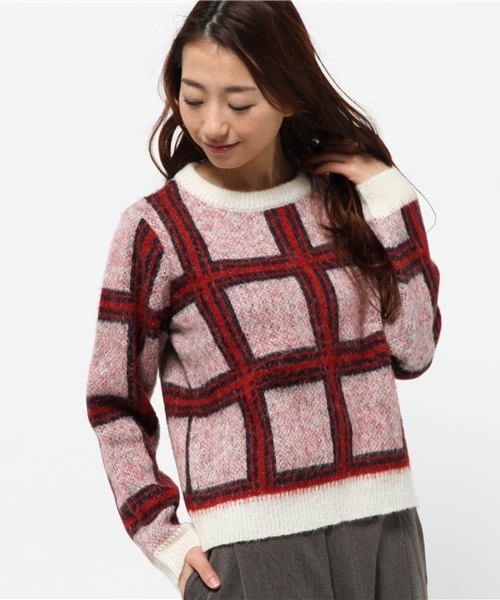 OUTLET（アウトレット）の「【who's who Chico】チェックジャガードニット（ニット/セーター・レディース・ホワイト/グレー/アイボリー/ネイビー・FREE）」の2枚目の写真