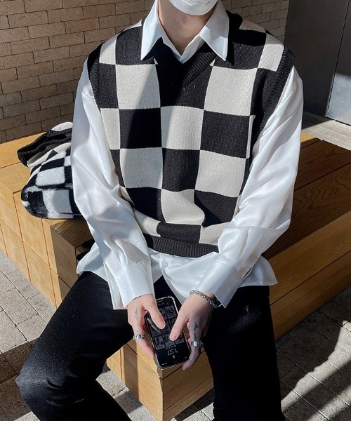ASCLO（エジュクロ）の「ASCLO Chess Checker Heavy Knit Vest（ベスト・メンズ・ブラック/カーキ/スカイブルー・FREE）」の17枚目の写真