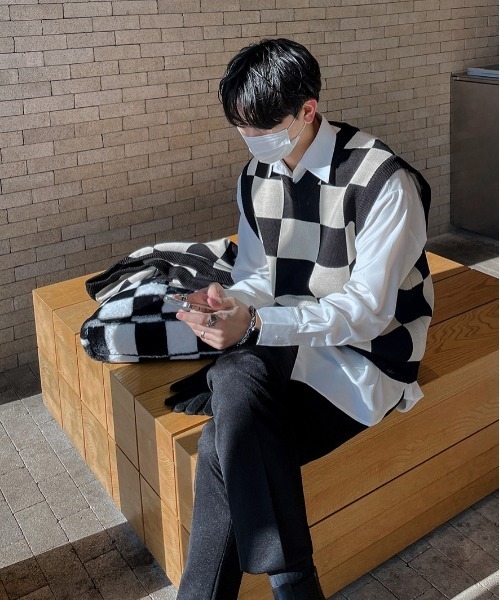 ASCLO（エジュクロ）の「ASCLO Chess Checker Heavy Knit Vest（ベスト・メンズ・ブラック/カーキ/スカイブルー・FREE）」の20枚目の写真