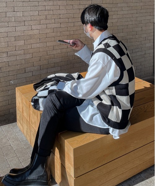 ASCLO（エジュクロ）の「ASCLO Chess Checker Heavy Knit Vest（ベスト・メンズ・ブラック/カーキ/スカイブルー・FREE）」の10枚目の写真