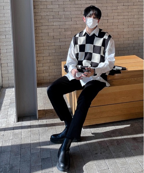 ASCLO（エジュクロ）の「ASCLO Chess Checker Heavy Knit Vest（ベスト・メンズ・ブラック/カーキ/スカイブルー・FREE）」の8枚目の写真