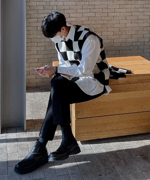 ASCLO（エジュクロ）の「ASCLO Chess Checker Heavy Knit Vest（ベスト・メンズ・ブラック/カーキ/スカイブルー・FREE）」の15枚目の写真