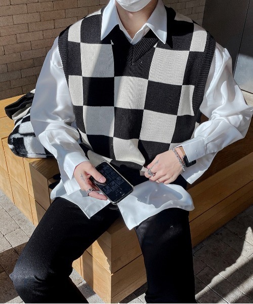 ASCLO（エジュクロ）の「ASCLO Chess Checker Heavy Knit Vest（ベスト・メンズ・ブラック/カーキ/スカイブルー・FREE）」の4枚目の写真