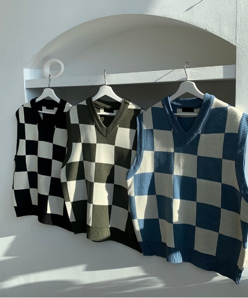 ASCLO（エジュクロ）の「ASCLO Chess Checker Heavy Knit Vest（ベスト・メンズ・ブラック/カーキ/スカイブルー・FREE）」の19枚目の写真