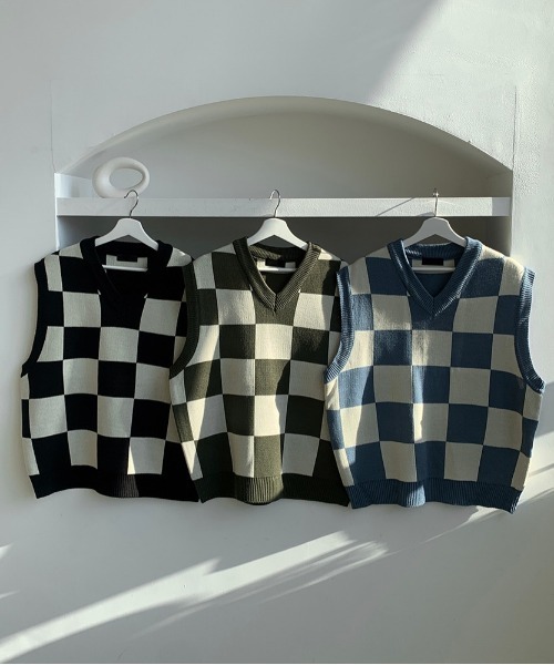 ASCLO（エジュクロ）の「ASCLO Chess Checker Heavy Knit Vest（ベスト・メンズ・ブラック/カーキ/スカイブルー・FREE）」の14枚目の写真