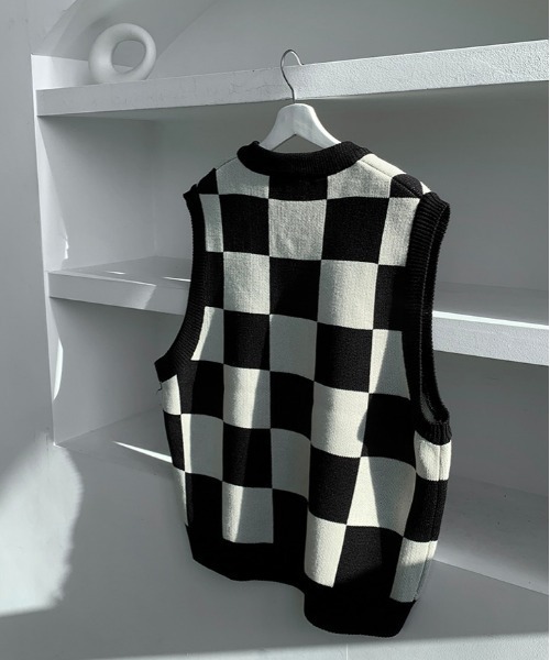 ASCLO（エジュクロ）の「ASCLO Chess Checker Heavy Knit Vest（ベスト・メンズ・ブラック/カーキ/スカイブルー・FREE）」の12枚目の写真