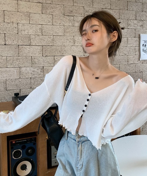 yuue' ( wear )(ユーイ)の「ショート丈 シースルー カーディガン ロングスリーブ トップス(Tシャツ/カットソー・レディース・ホワイト/ブラック・FREE)」の11枚目の写真