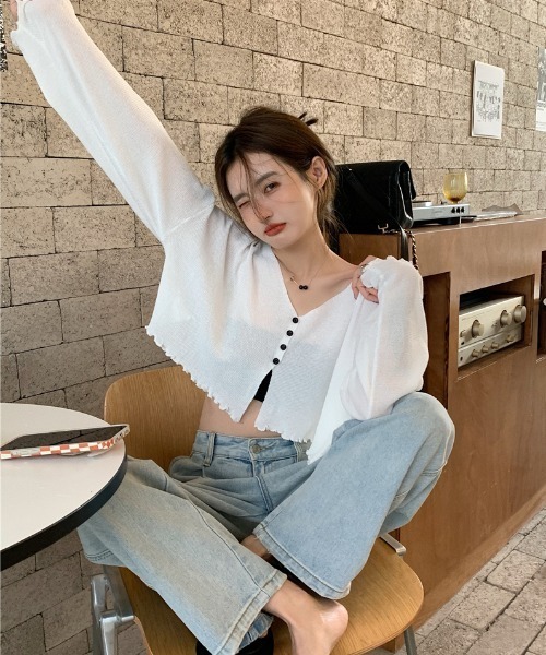 yuue' ( wear )(ユーイ)の「ショート丈 シースルー カーディガン ロングスリーブ トップス(Tシャツ/カットソー・レディース・ホワイト/ブラック・FREE)」の17枚目の写真