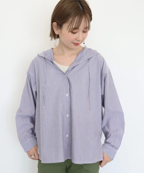 AMERICAN HOLIC(アメリカンホリック)の「コットンレーヨンマリンフードシャツ(シャツ/ブラウス・レディース・ネイビー/ブルー系その他4/ブルー系その他7・M/L)」の2枚目の写真