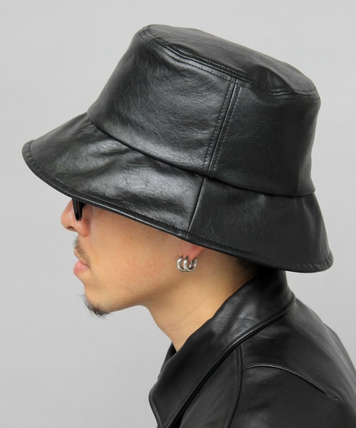 セール】ヴィンテージレザー風 フェイクレザー ロングブリム バケット