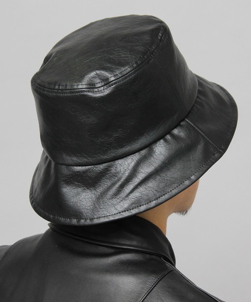 セール】ヴィンテージレザー風 フェイクレザー ロングブリム バケット