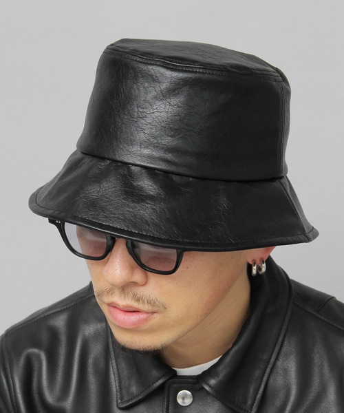 セール】ヴィンテージレザー風 フェイクレザー ロングブリム バケット