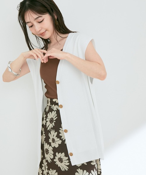 VIS（ビス）の「【接触冷感】【セットアップ対応】フレンチスリーブニットベスト（ベスト・レディース・ネイビー/オフホワイト/ダークブラウン・FREE）」の13枚目の写真