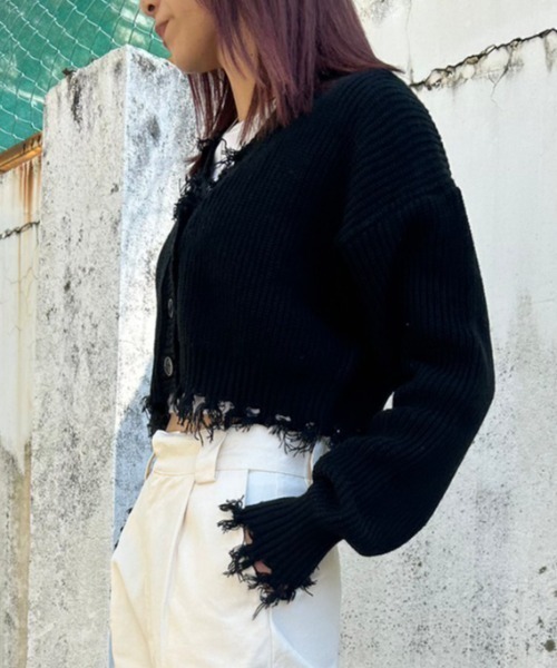 セール】ダメージショートニットカーデ（カーディガン/ボレロ