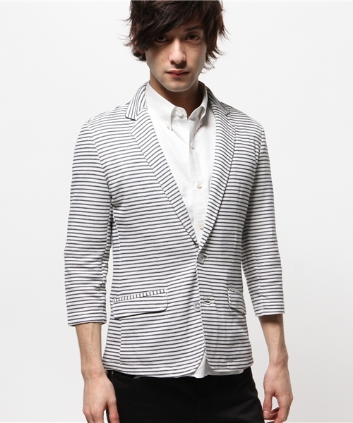 VENCEEXCHANGE（ヴァンスエクスチェンジ）の「鹿の子テーラード7分丈ジャケット        （テーラードジャケット・メンズ・オフホワイト/ネイビー・LARGE/MEDIUM/SMALL）」の3枚目の写真