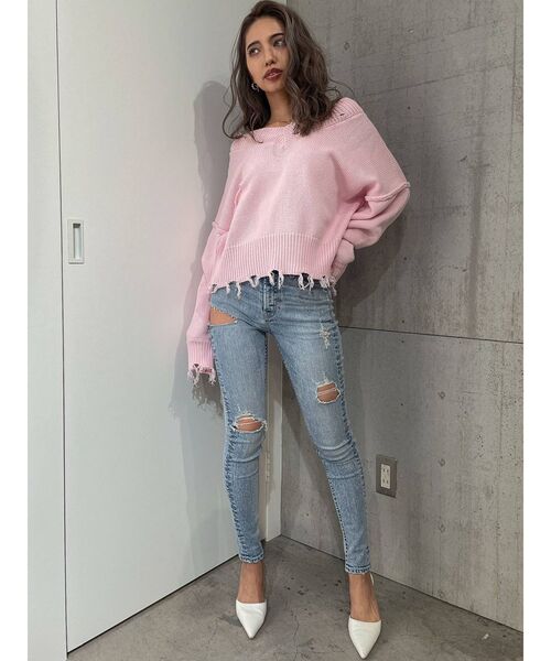 GYDA(ジェイダ)の「ミドルウエスト REVERSE SIDE RIPPEDスキニーデニムパンツ(デニムパンツ・レディース・インディゴブルー/ライトブルー・X-SMALL/SMALL/MEDIUM)」の4枚目の写真