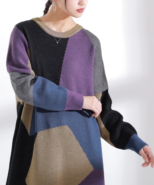 kOhAKU（コハク）の「『カラーブロッキングジャカードニットワンピース』（ワンピース・レディース・パープル・FREE）」の13枚目の写真