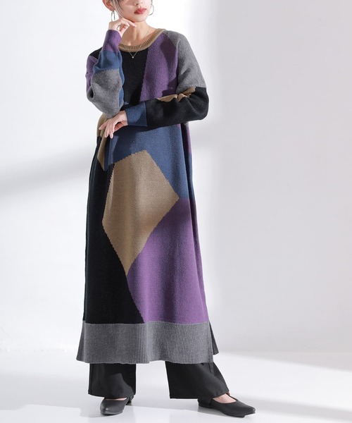 kOhAKU（コハク）の「『カラーブロッキングジャカードニットワンピース』（ワンピース・レディース・パープル・FREE）」の15枚目の写真