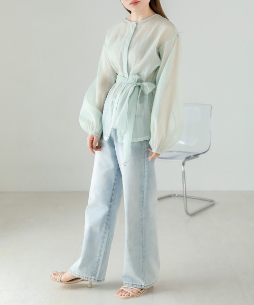 Bab（バブ）の「【ちょこび×Bab】ボウタイ付き2WAYシアーボリュームブラウス（シャツ/ブラウス・レディース・ライトグリーン/ピンク/オフホワイト・M）」の15枚目の写真