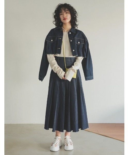 Re:EDIT（リエディ）の「[低身長/高身長サイズ有]リサイクルコットンデニムタックフレアプリーツスカート（スカート・レディース・ブルー/ネイビー・MEDIUM/SHORT/TALL/LARGE）」の19枚目の写真