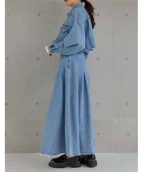 Re:EDIT（リエディ）の「[低身長/高身長サイズ有]リサイクルコットンデニムタックフレアプリーツスカート（スカート・レディース・ブルー/ネイビー・MEDIUM/SHORT/TALL/LARGE）」の7枚目の写真