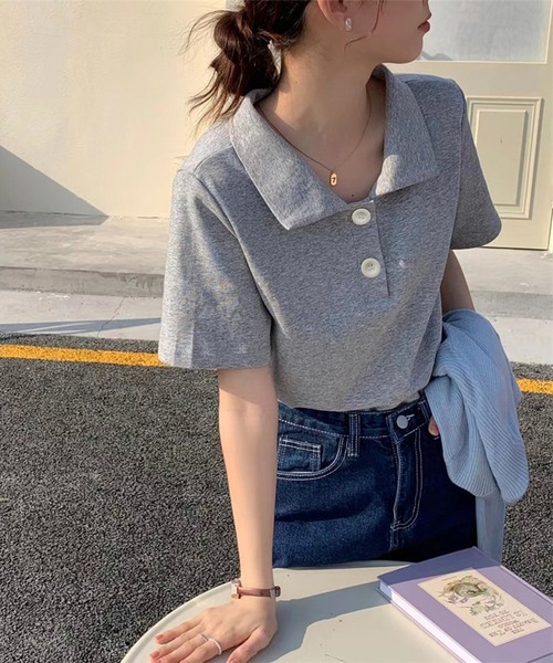 Chaco closet(チャコ クローゼット)の「ビックボタン半袖ポロシャツ(ポロシャツ・レディース・イエロー/ピンク/ホワイト/ブルー/グレー/ブラック・FREE)」の3枚目の写真