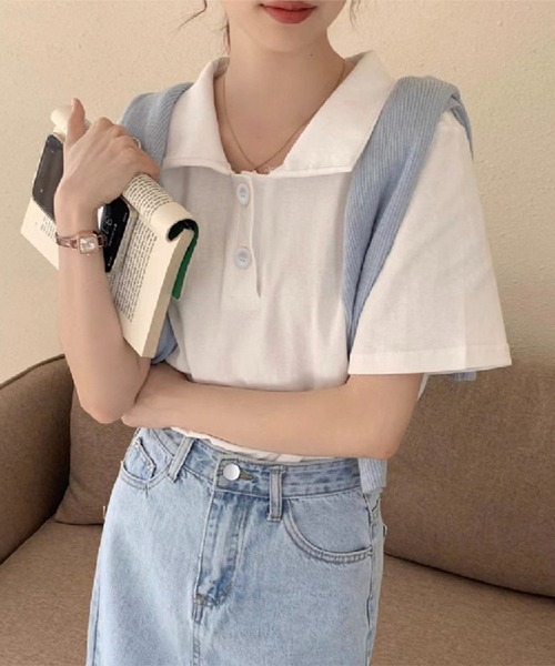 Chaco closet(チャコ クローゼット)の「ビックボタン半袖ポロシャツ(ポロシャツ・レディース・イエロー/ピンク/ホワイト/ブルー/グレー/ブラック・FREE)」の1枚目の写真