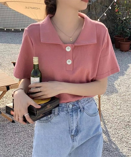 Chaco closet(チャコ クローゼット)の「ビックボタン半袖ポロシャツ(ポロシャツ・レディース・イエロー/ピンク/ホワイト/ブルー/グレー/ブラック・FREE)」の6枚目の写真