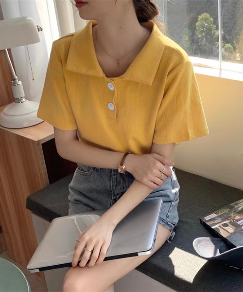 Chaco closet(チャコ クローゼット)の「ビックボタン半袖ポロシャツ(ポロシャツ・レディース・イエロー/ピンク/ホワイト/ブルー/グレー/ブラック・FREE)」の5枚目の写真