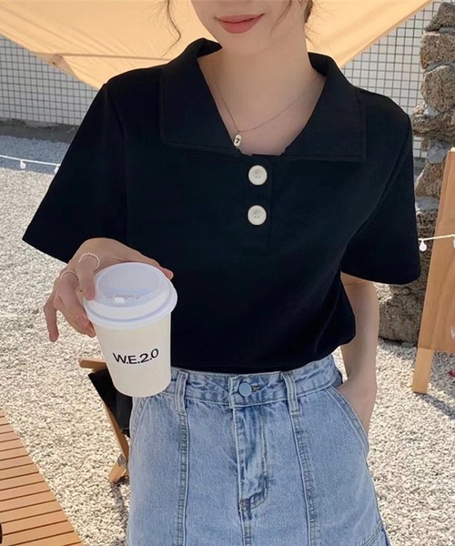 Chaco closet(チャコ クローゼット)の「ビックボタン半袖ポロシャツ(ポロシャツ・レディース・イエロー/ピンク/ホワイト/ブルー/グレー/ブラック・FREE)」の2枚目の写真