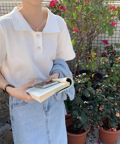 Chaco closet(チャコ クローゼット)の「ビックボタン半袖ポロシャツ(ポロシャツ・レディース・イエロー/ピンク/ホワイト/ブルー/グレー/ブラック・FREE)」の16枚目の写真