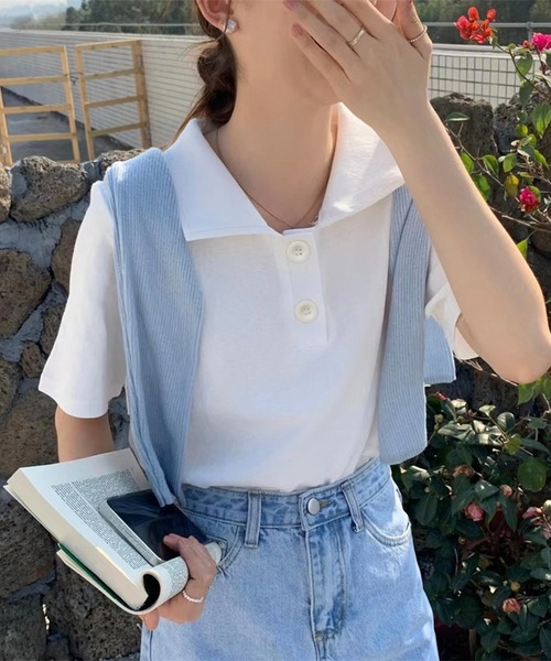 Chaco closet(チャコ クローゼット)の「ビックボタン半袖ポロシャツ(ポロシャツ・レディース・イエロー/ピンク/ホワイト/ブルー/グレー/ブラック・FREE)」の15枚目の写真