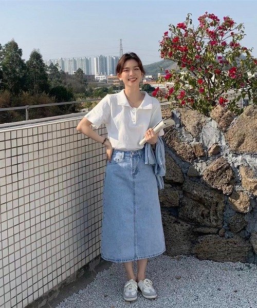 Chaco closet(チャコ クローゼット)の「ビックボタン半袖ポロシャツ(ポロシャツ・レディース・イエロー/ピンク/ホワイト/ブルー/グレー/ブラック・FREE)」の9枚目の写真