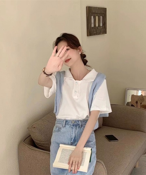 Chaco closet(チャコ クローゼット)の「ビックボタン半袖ポロシャツ(ポロシャツ・レディース・イエロー/ピンク/ホワイト/ブルー/グレー/ブラック・FREE)」の17枚目の写真