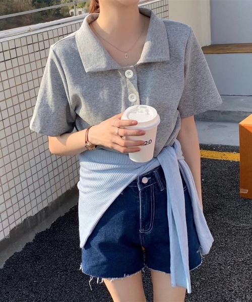 Chaco closet(チャコ クローゼット)の「ビックボタン半袖ポロシャツ(ポロシャツ・レディース・イエロー/ピンク/ホワイト/ブルー/グレー/ブラック・FREE)」の21枚目の写真