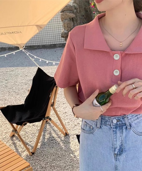 Chaco closet(チャコ クローゼット)の「ビックボタン半袖ポロシャツ(ポロシャツ・レディース・イエロー/ピンク/ホワイト/ブルー/グレー/ブラック・FREE)」の22枚目の写真